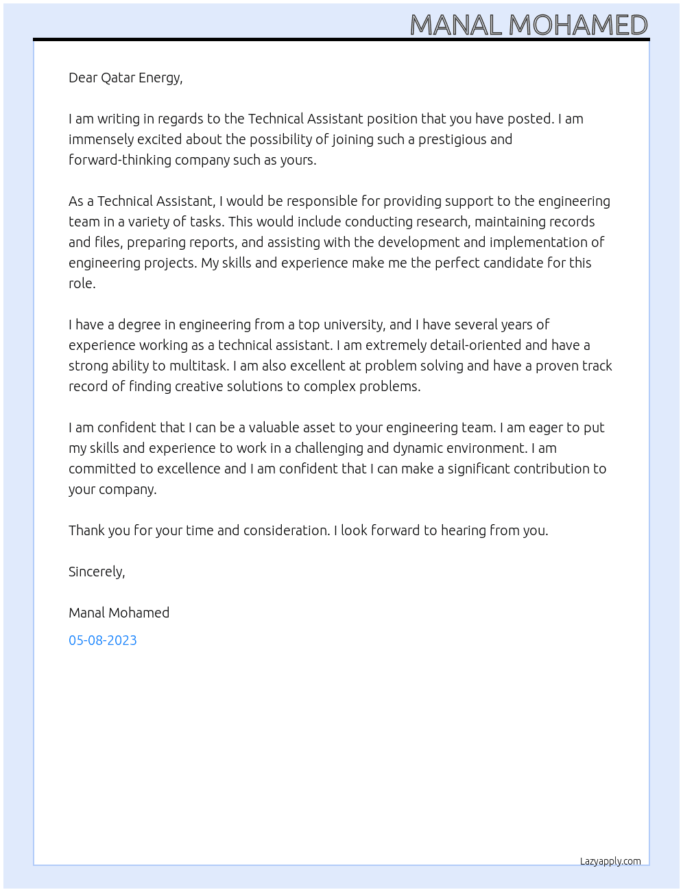 Technical Assistant  At Qatar Energy  Cover Letter