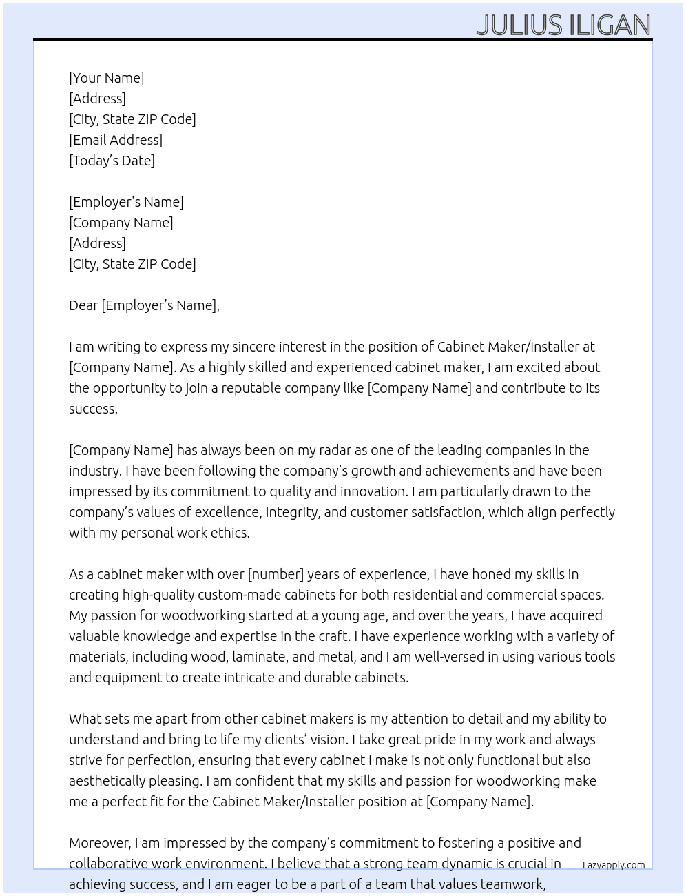 cabinet maker/Installer At samil Cover Letter