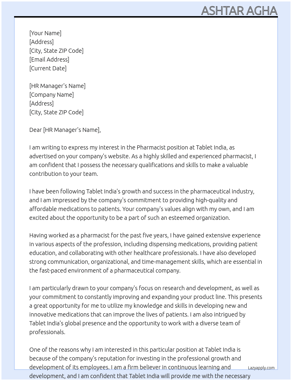 Pharmacist  At Tablet india  Cover Letter