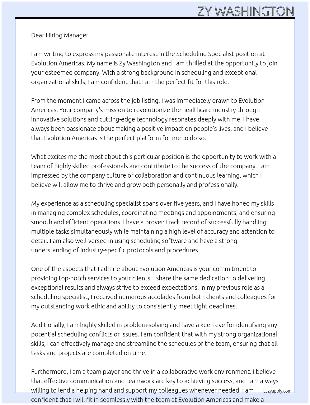 Scheduling Specialist At  Evolution Americas Cover Letter