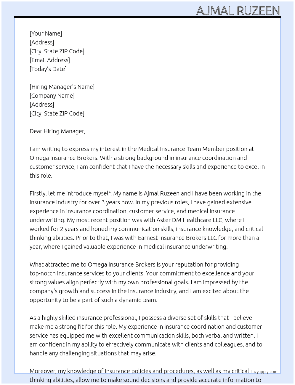 medical insurance team member  At Omega Insurance Brokers Cover Letter