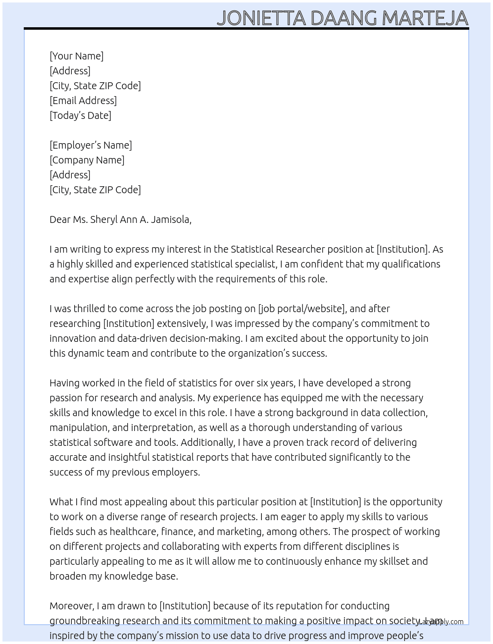 Statistical Researcher At Institution  Cover Letter