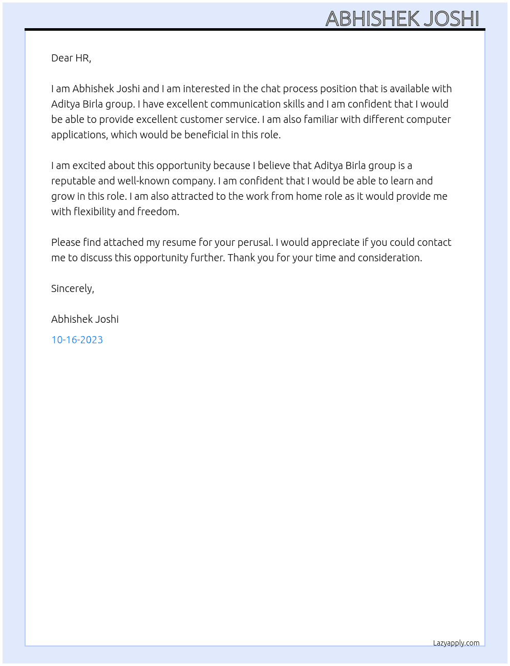 Chat process  At Aditya Birla group  Cover Letter