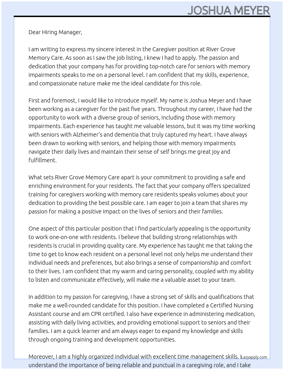 Caregiver At River Grove Memory Care Cover Letter