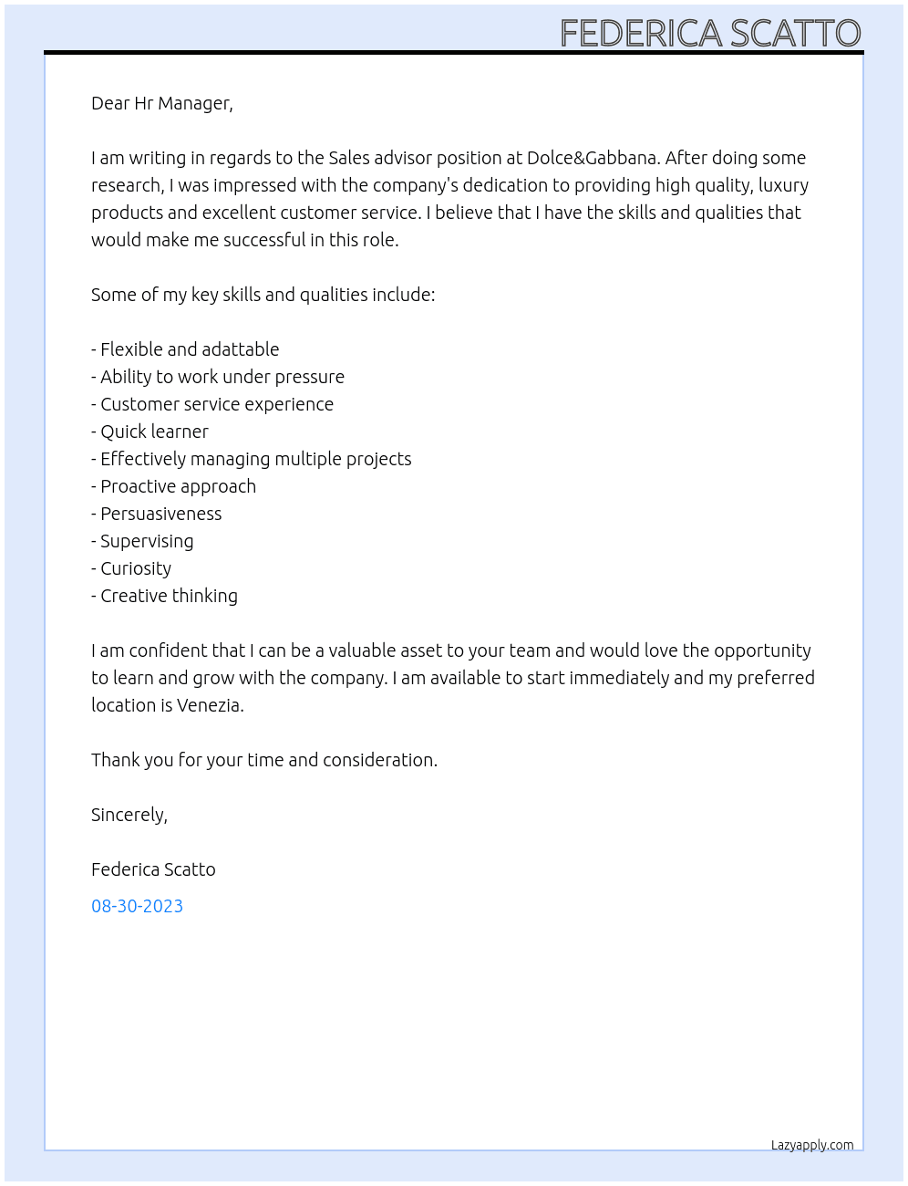 Sales advisor At Dolce&Gabbana Cover Letter