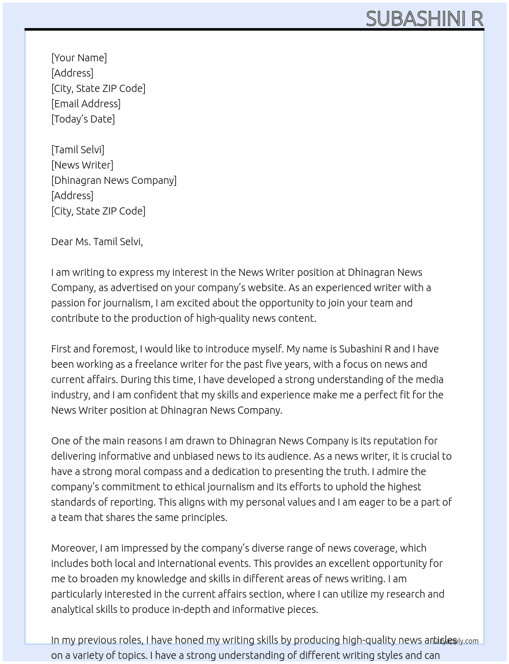 News Writer  At Dhinagran news company Cover Letter