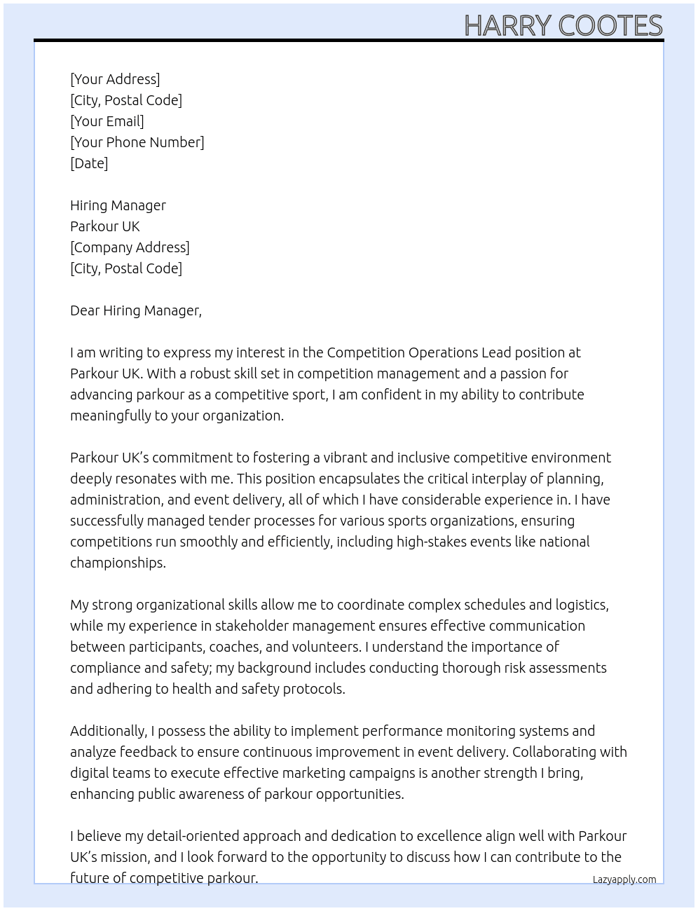Competition Operations Lead At Parkour UK Cover Letter