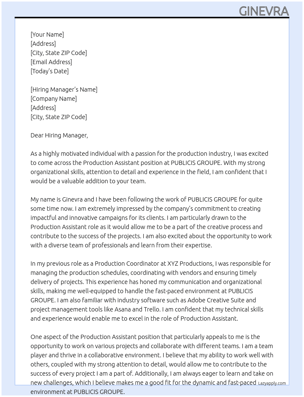 Production Assistant At PUBLICIS GROUPE Cover Letter