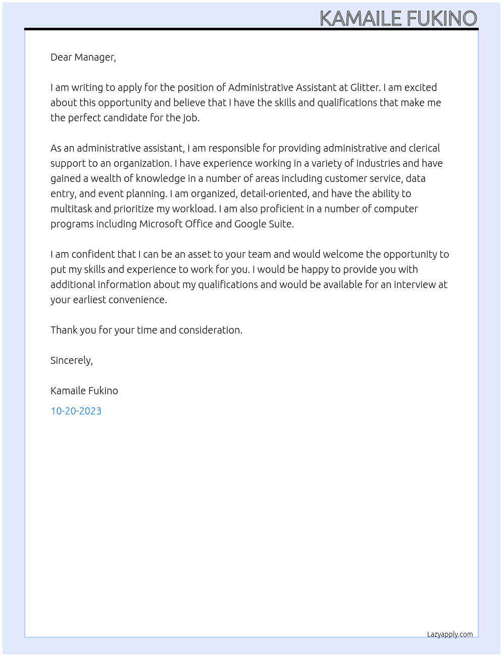 admin assistant  At glitter Cover Letter