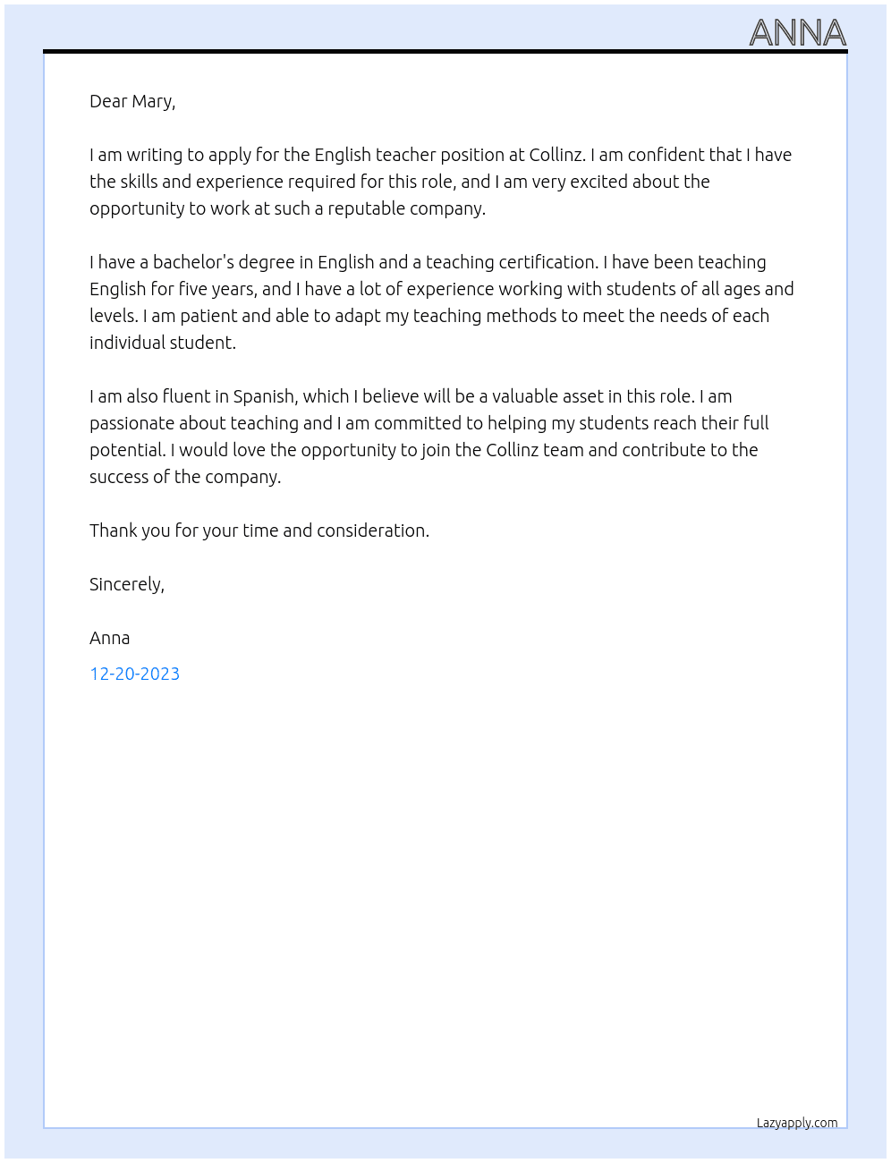 english teacher At collinz Cover Letter
