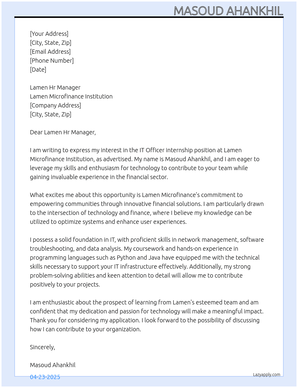 IT officer (internship) At Lamen Microfinance Institution Cover Letter