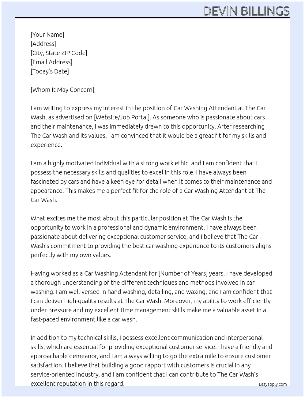 Car Washing Attendant At The Car Wash Cover Letter