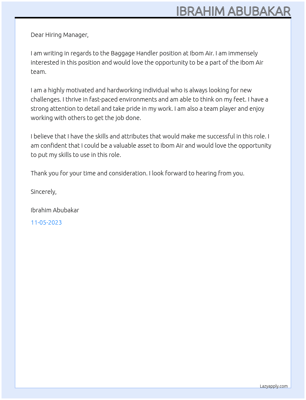 Baggage handler At Ibom Air Cover Letter
