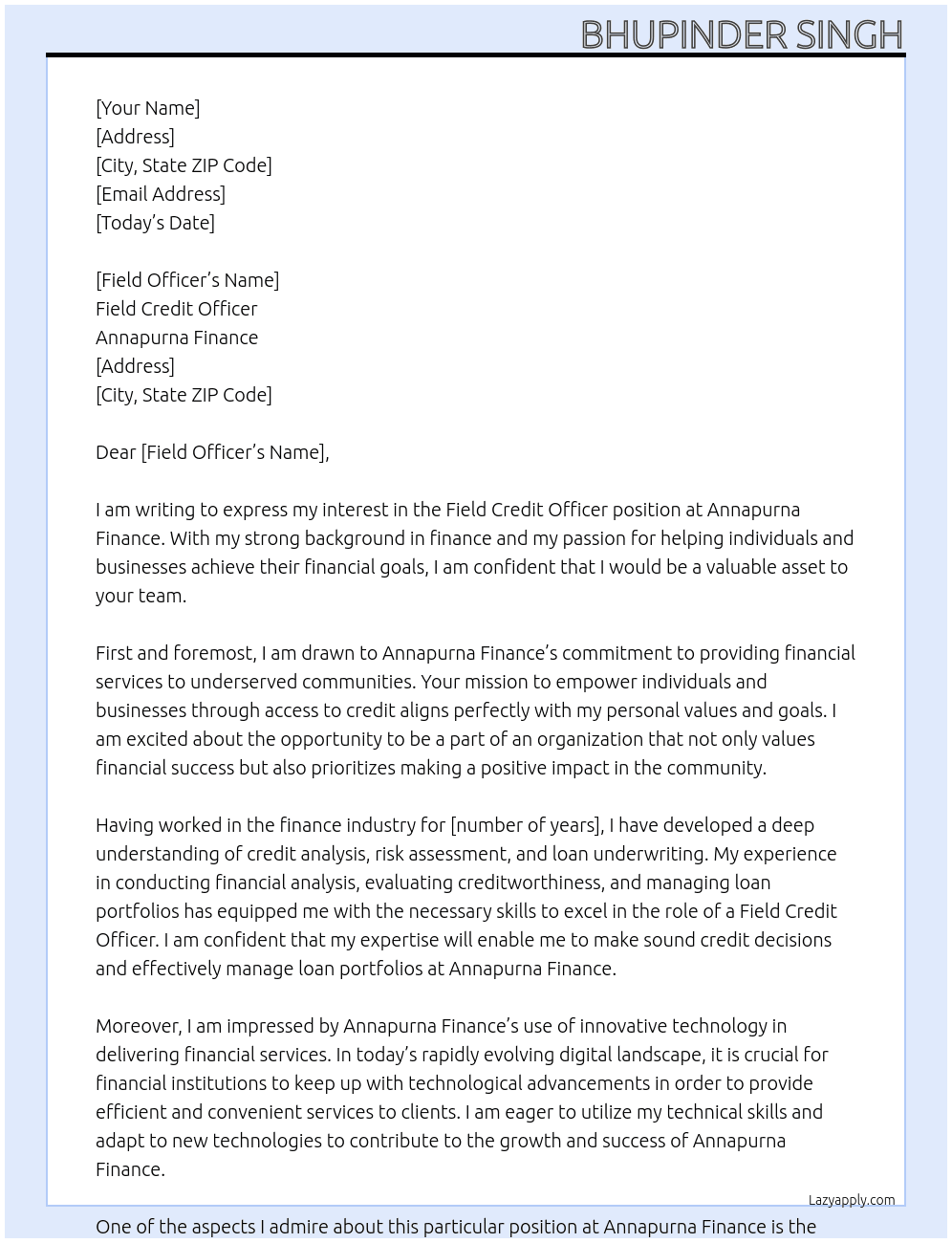 Field credit officer At ANNAPURNA FINANCE  Cover Letter