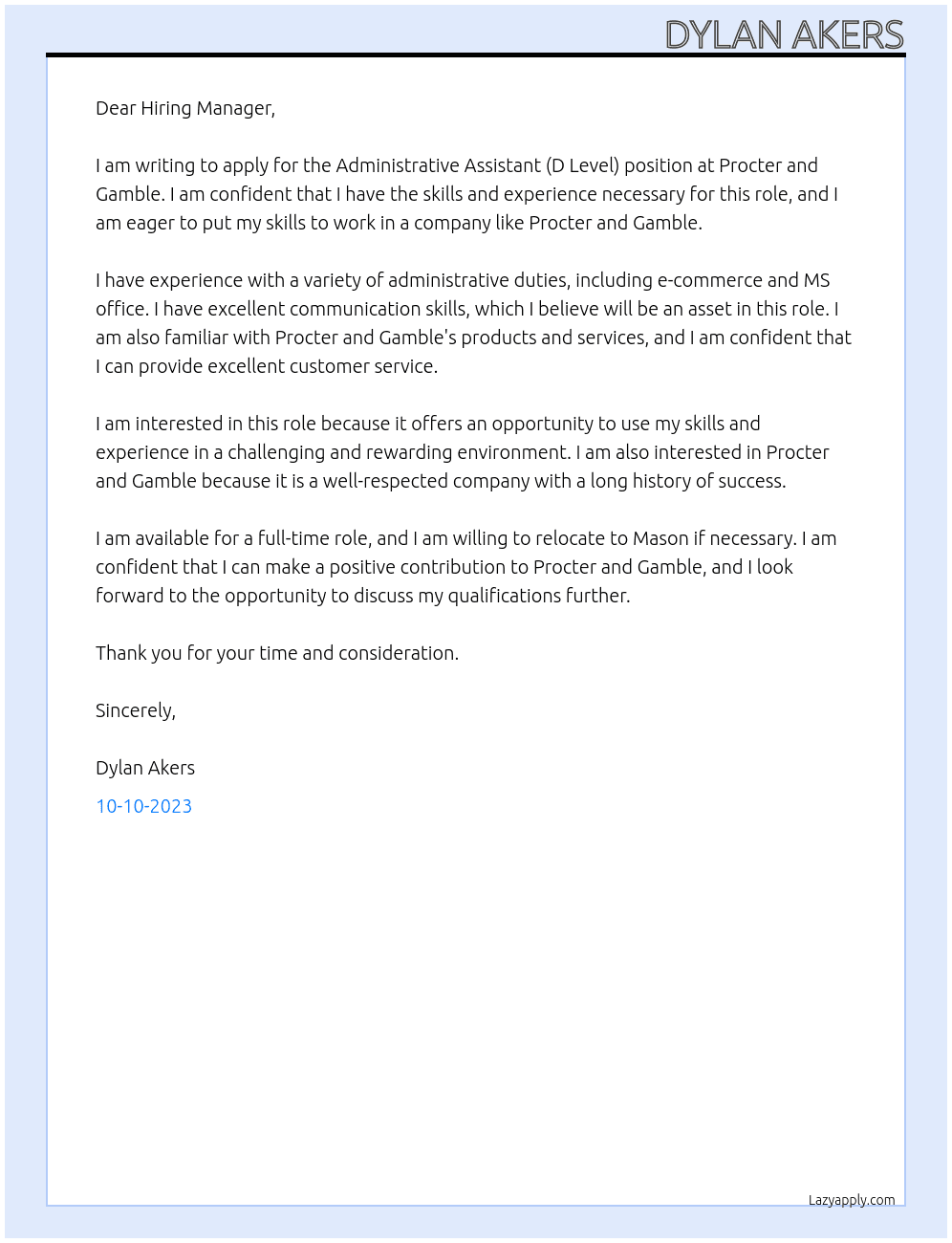 Administrative Assistant (D Level) At Procter and Gamble  Cover Letter