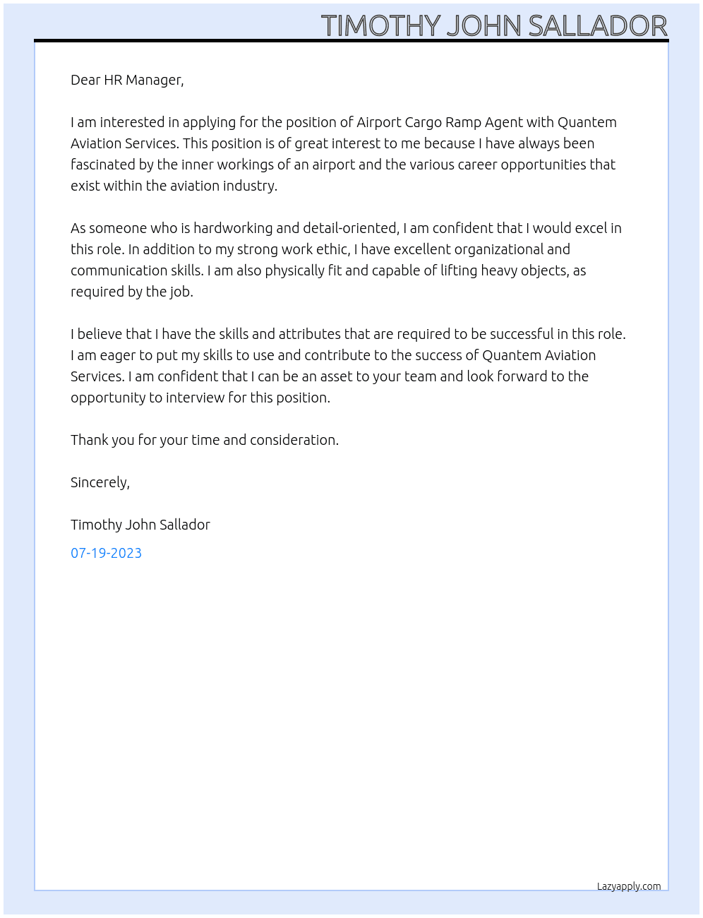 Airport Cargo Ramp Agent At Quantem Aviation Services Cover Letter