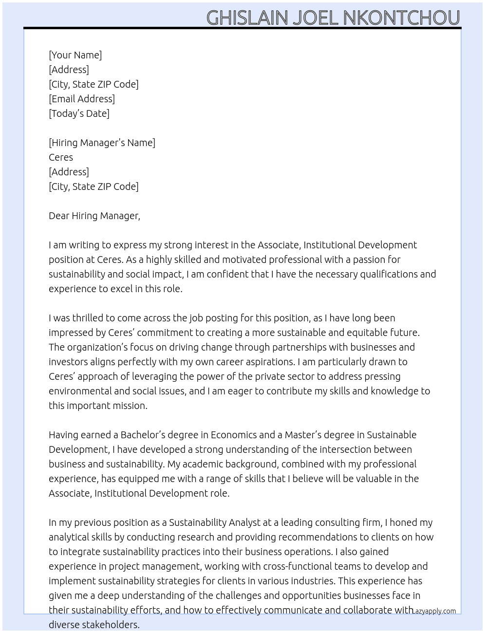  Associate, Institutional Development  At Ceres Cover Letter
