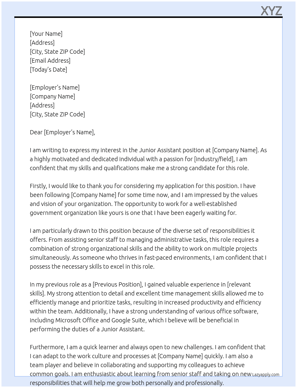 junior assistance At government organisation Cover Letter