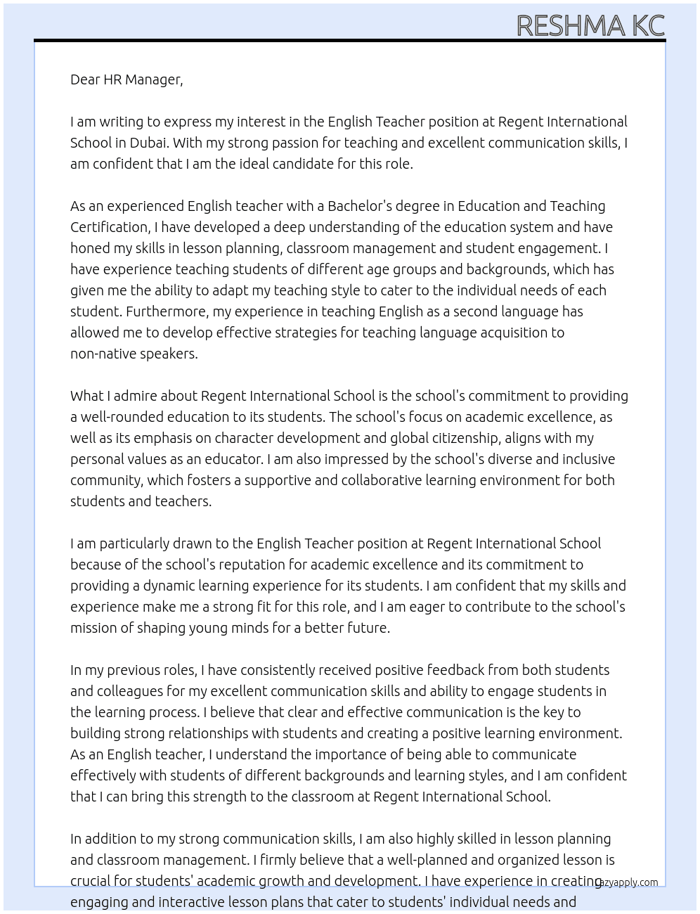 English teacher  At Regent international school , Dubai  Cover Letter