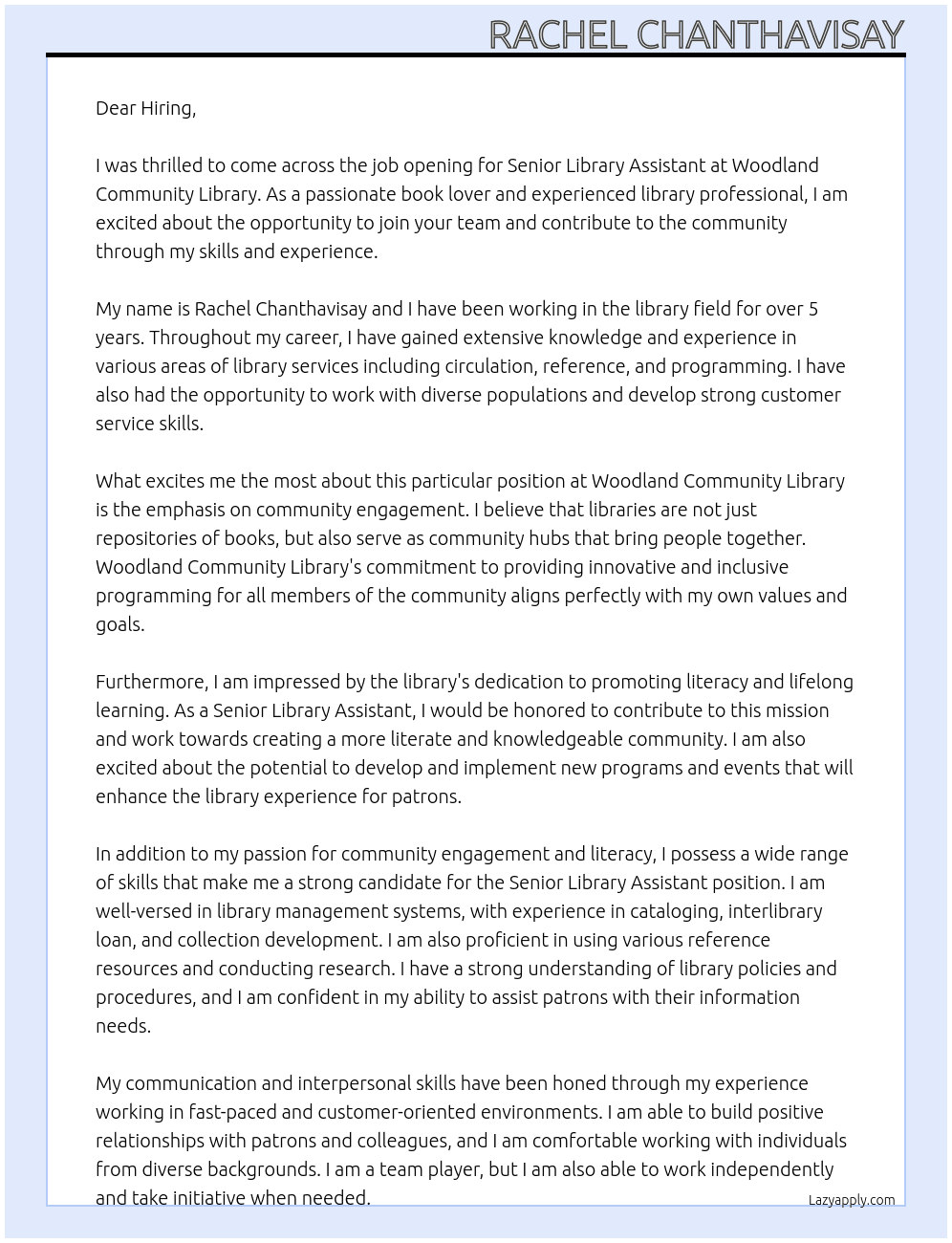 Senior Library Assistant At Woodland Community Library Cover Letter