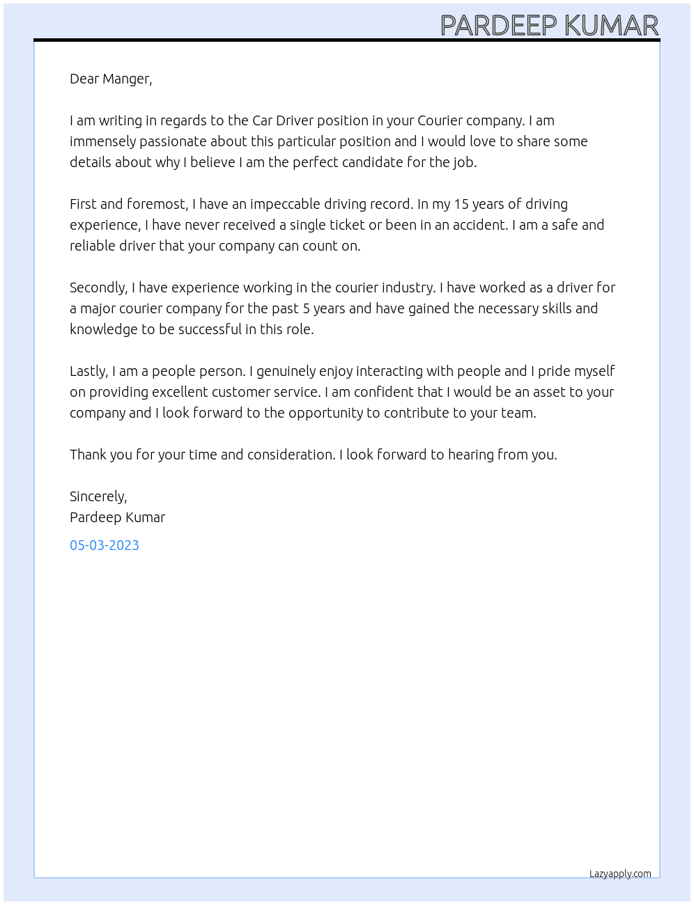Car Driver in Courier company  At Global Fright  Cover Letter