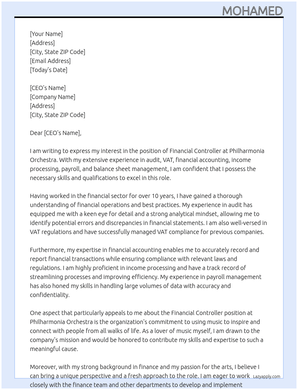 Financial Controller At Philharmonia Orchestra Cover Letter