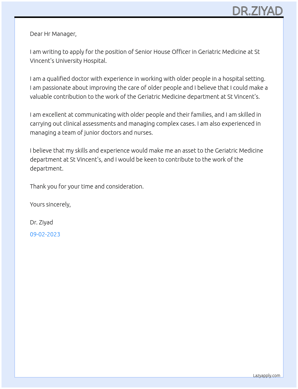 Senior House Officer in Geriatric Medicine At St Vincent's University Hospital Cover Letter