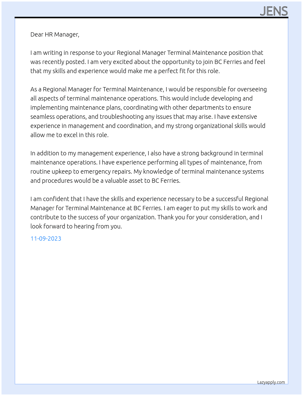 Regional Manager Terminal Maintenance At BC Ferries Cover Letter