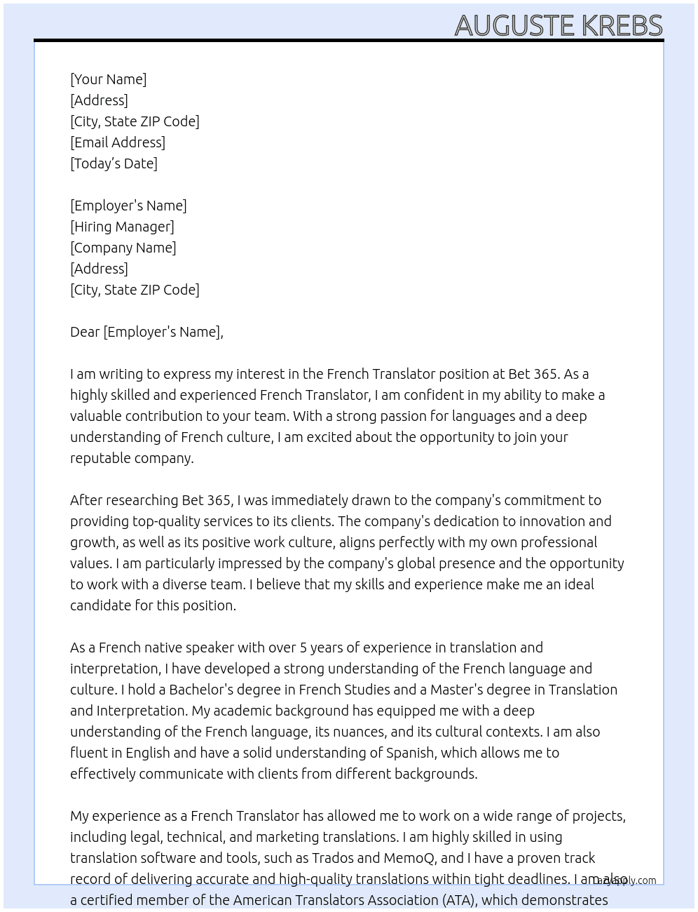 french translator At Bet 365 Cover Letter