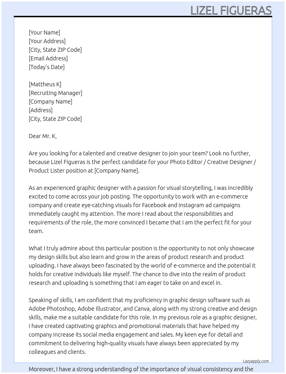 Photo Editor / Creative Designer / Product lister At E-commerce company Cover Letter