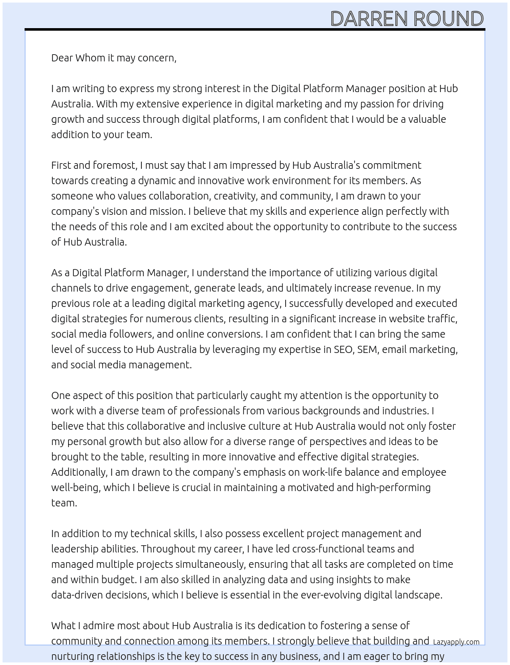 Digital Platform Manager At Hub Australia Cover Letter