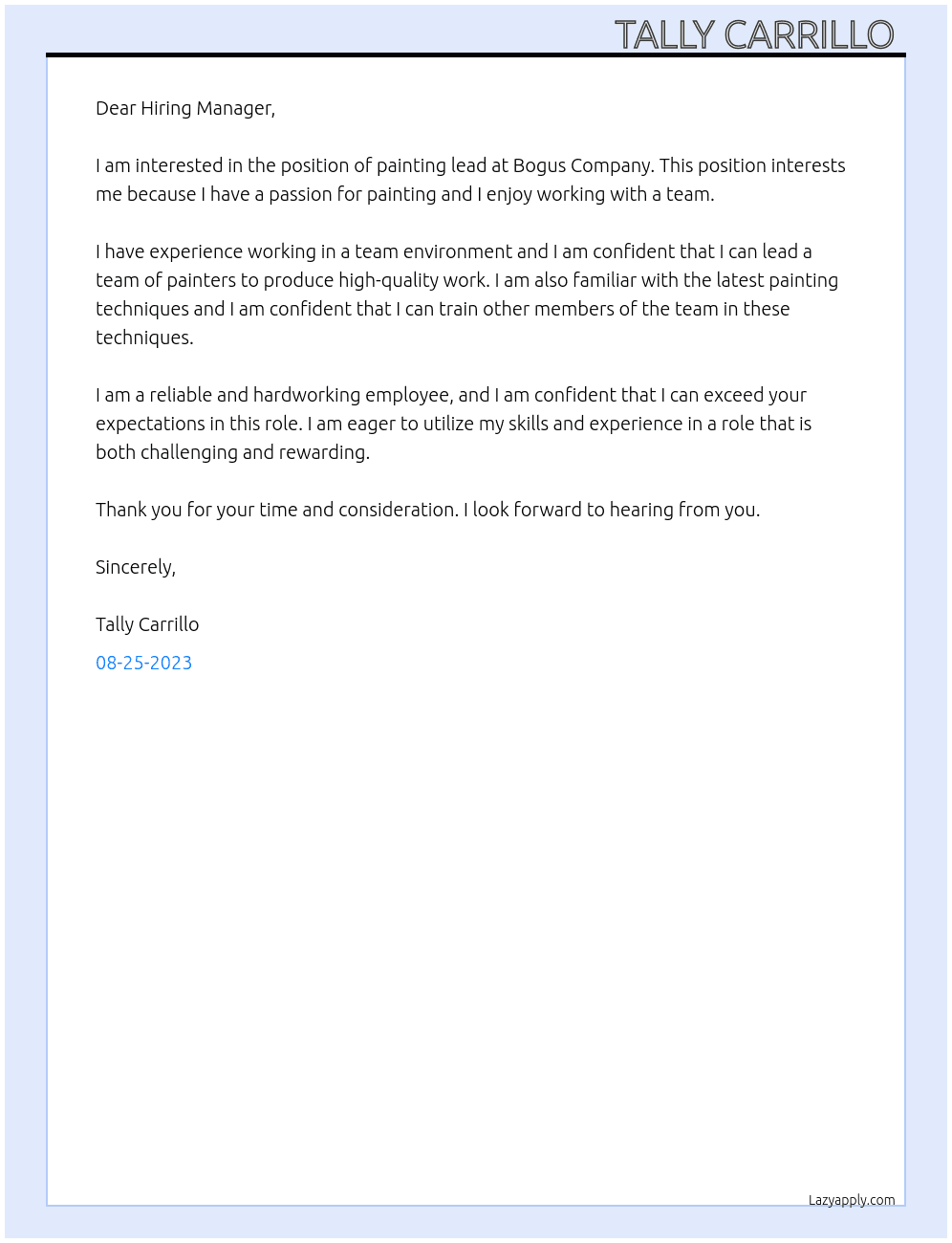 painting lead At bogus company Cover Letter