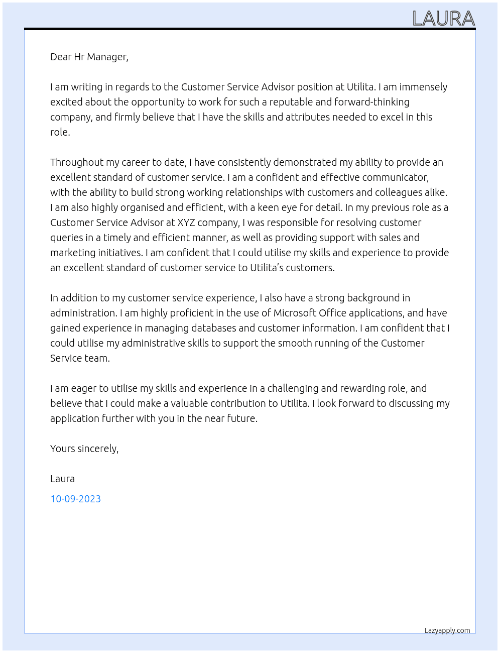 Customer Service Advisor At Utilita Cover Letter