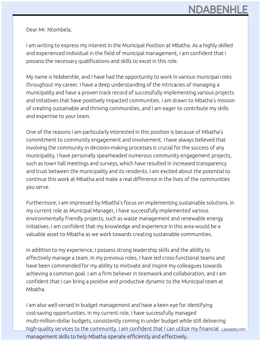 Municipal Position At Mbatha Cover Letter