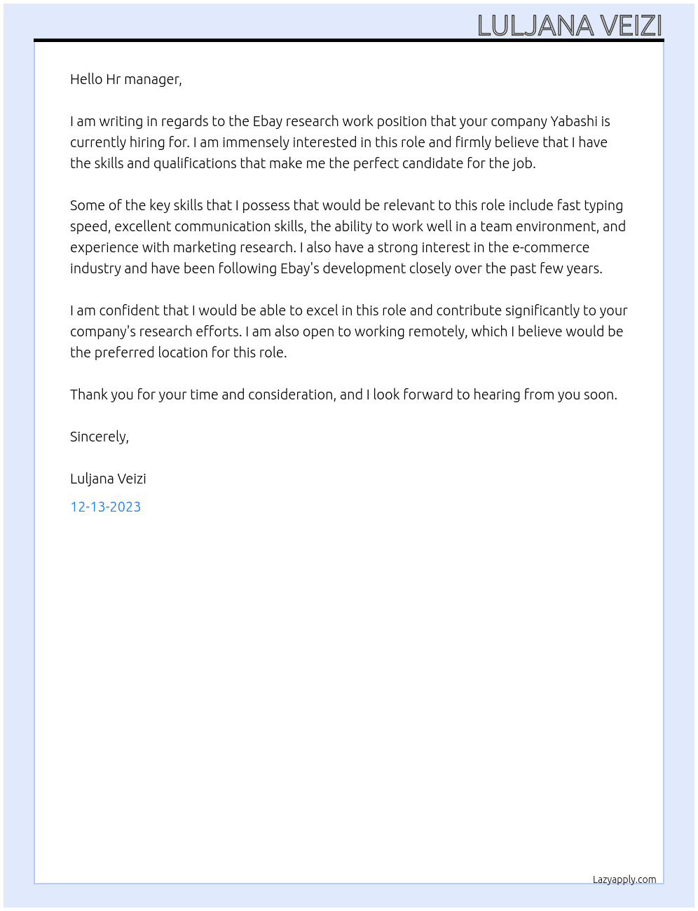 Ebay research work At Yabashi Cover Letter