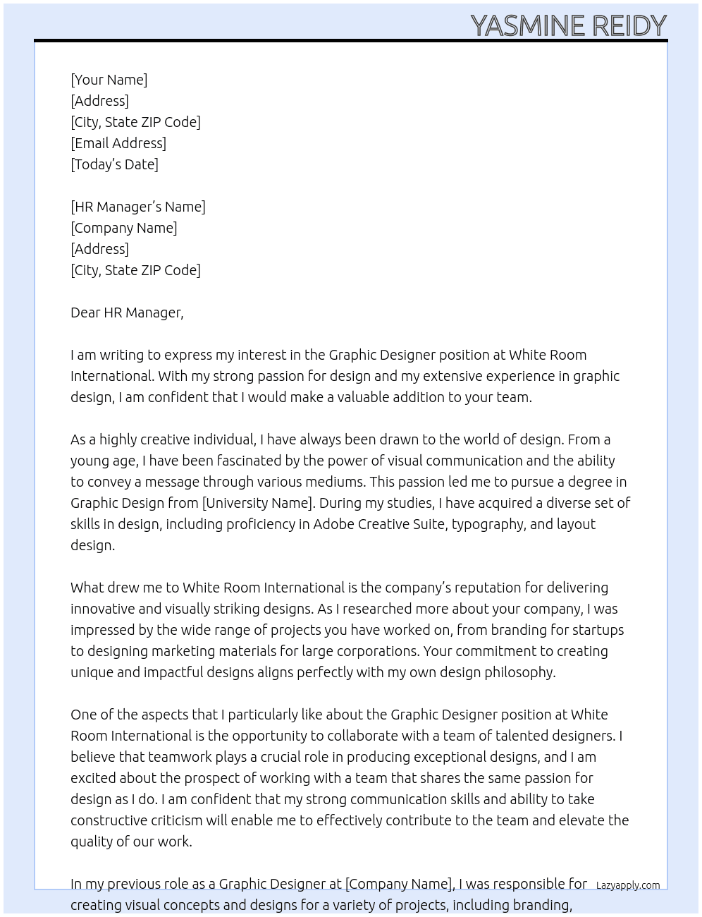 Graphic Designer At White Room International Cover Letter