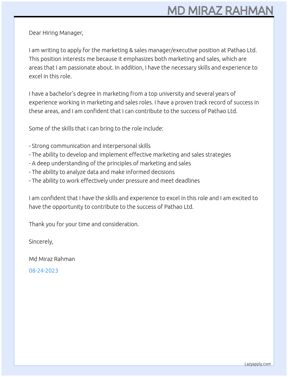 marketing & Sales Manager/Executive At Pathao Ltd Cover Letter