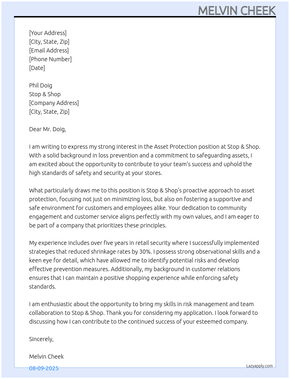 Asset Protection At Stop & Shop Cover Letter
