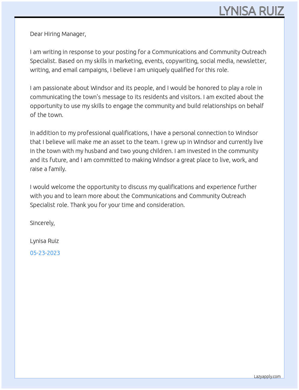 Communications and Community Outreach Specialist At Town of Windsor Cover Letter
