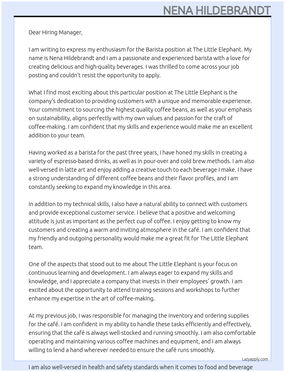 Barista At The Little Elephant Cover Letter