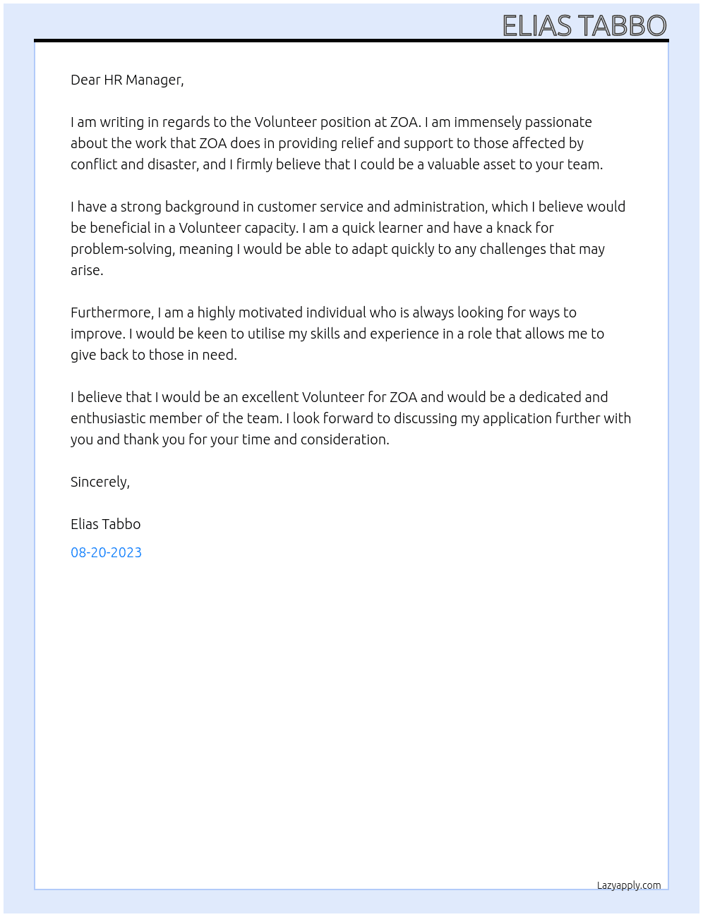 Volunteer At ZOA Cover Letter