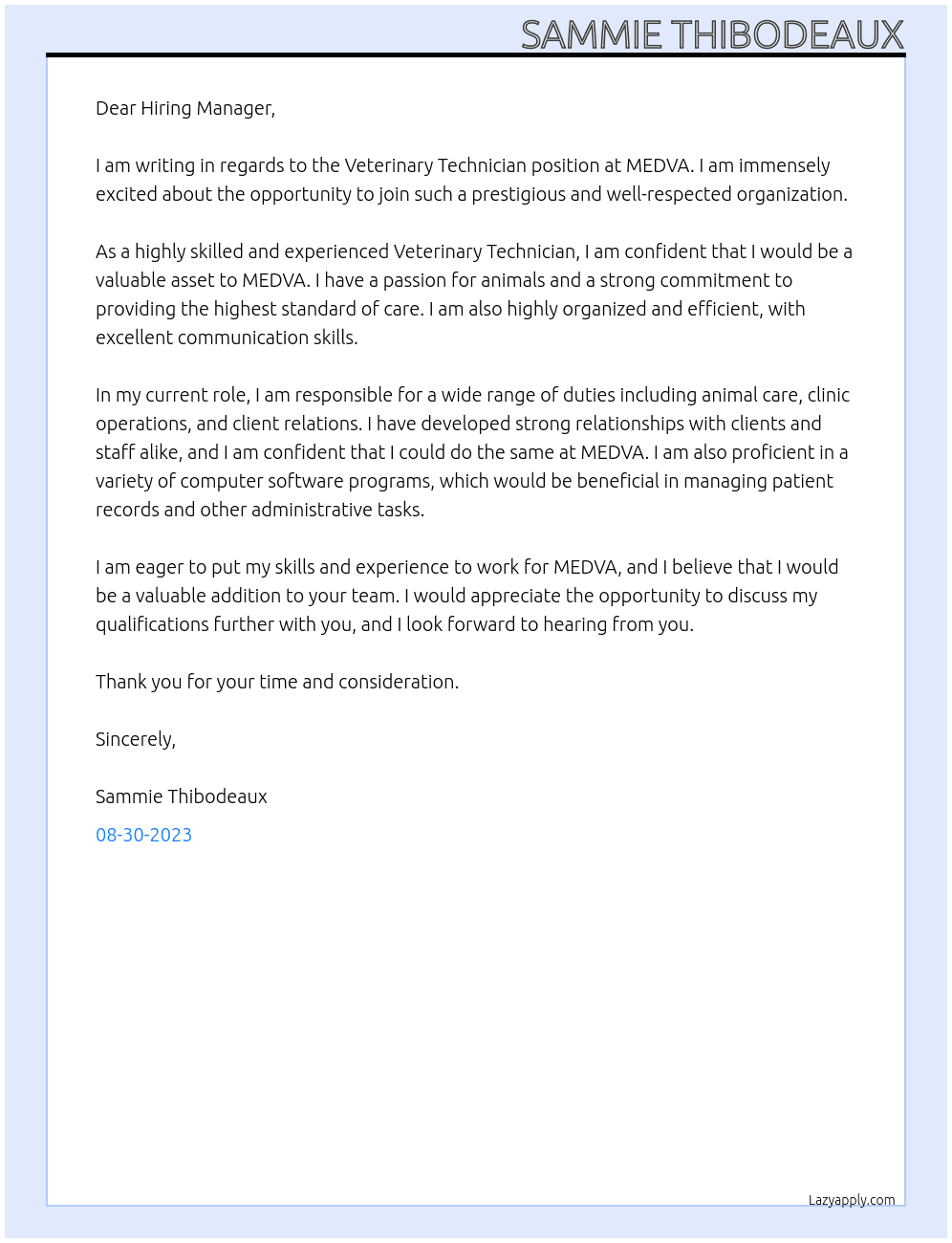 Veterinary Technician At MEDVA  Cover Letter