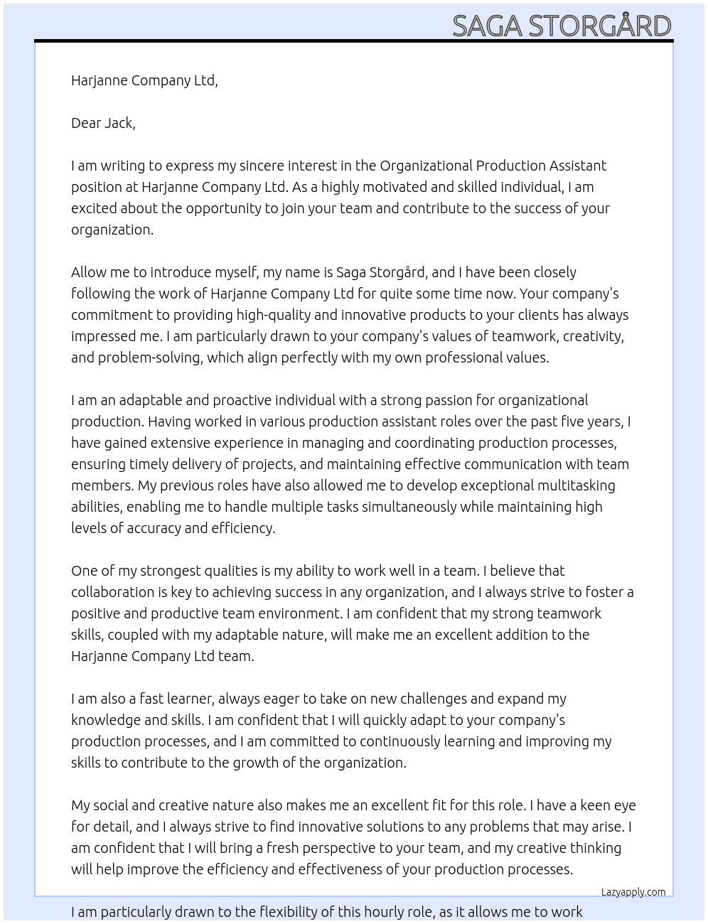 Organizational production assistant At Harjanne Company Ltd Cover Letter