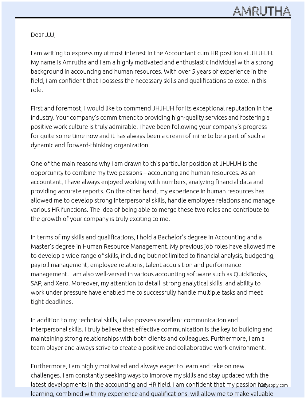 ACCOUNTANT CUM HR  At JHJHJH Cover Letter