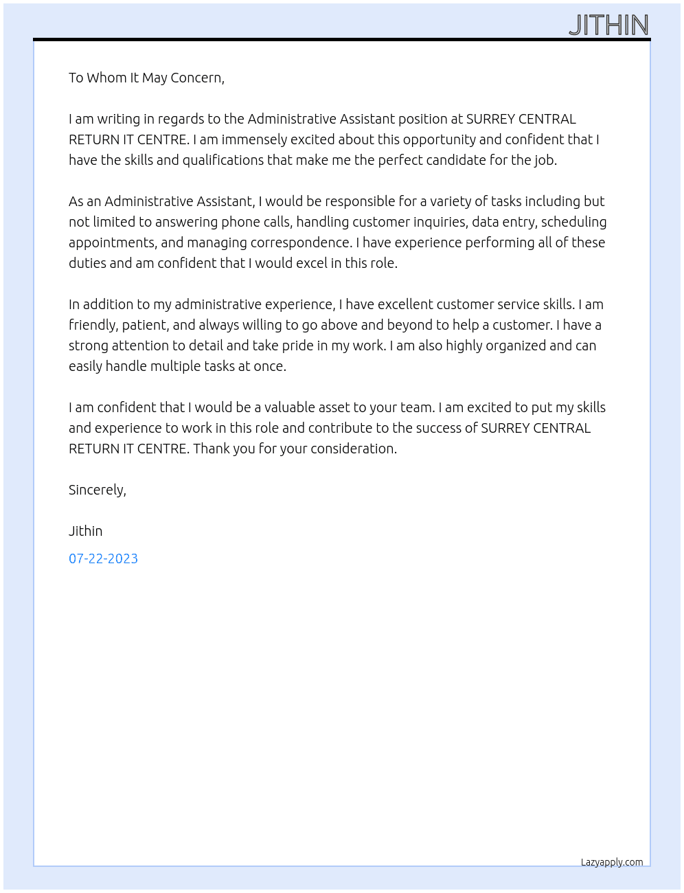  Administrative Assistant  At SURREY CENTRAL RETURN IT CENTRE Cover Letter