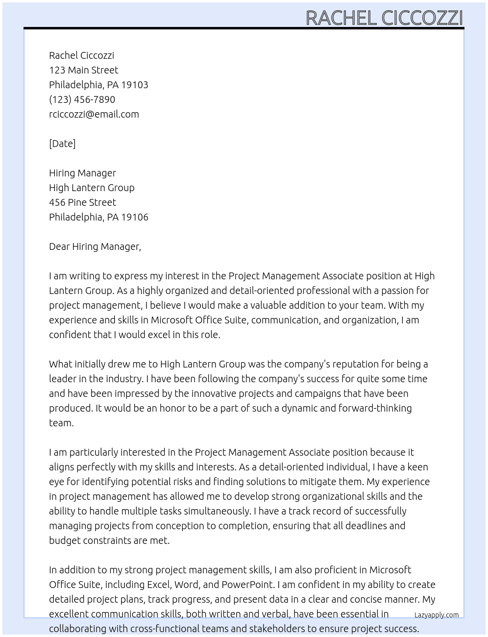 Project Management Associate At High Lantern Group Cover Letter