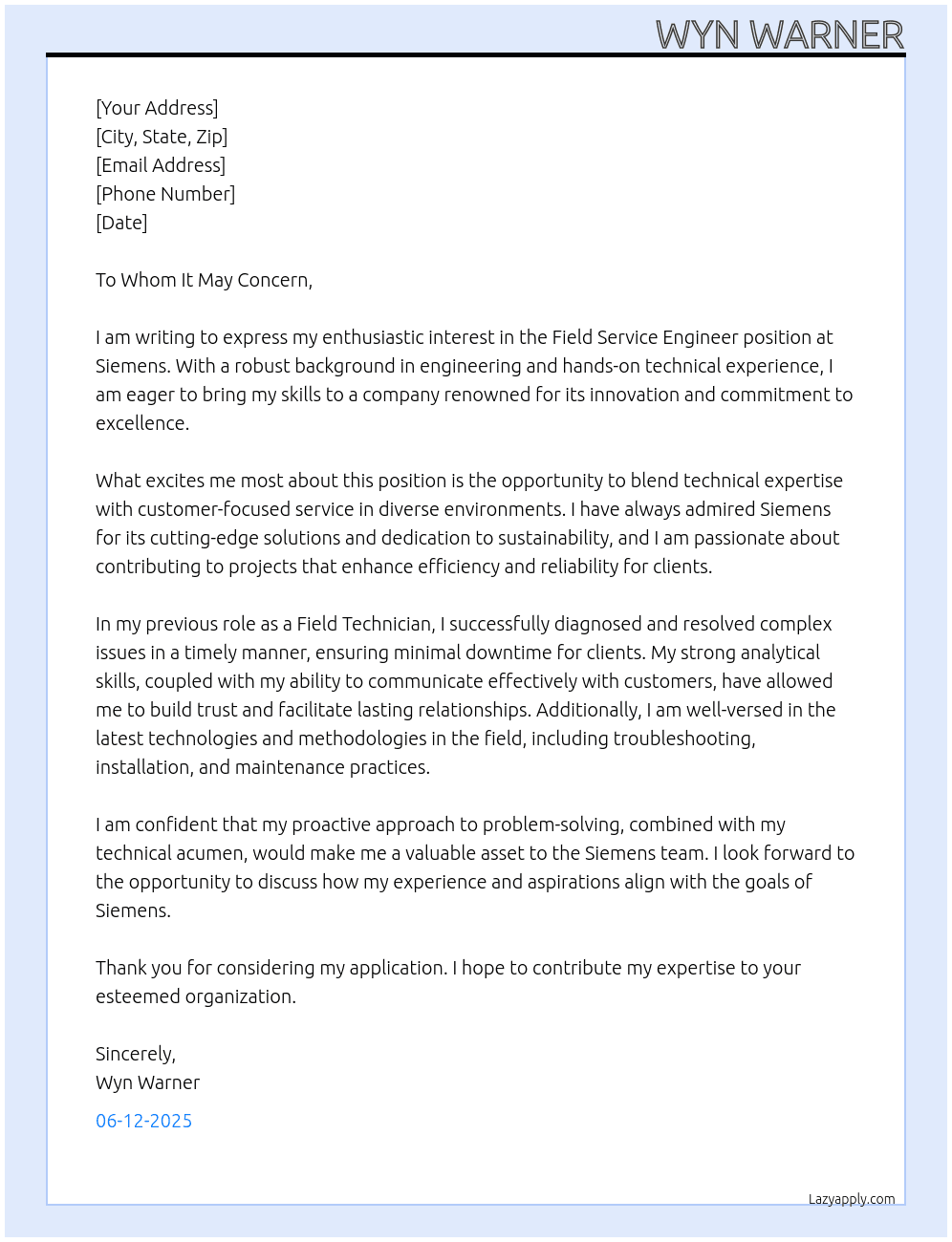 Field Service Engineer At Siemens Cover Letter