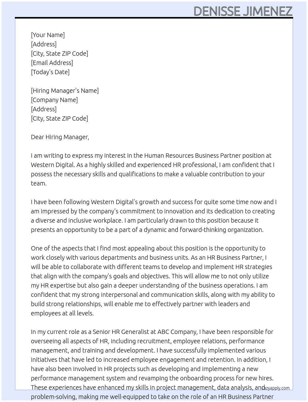 Human Resources business partner  At Western Digital Cover Letter