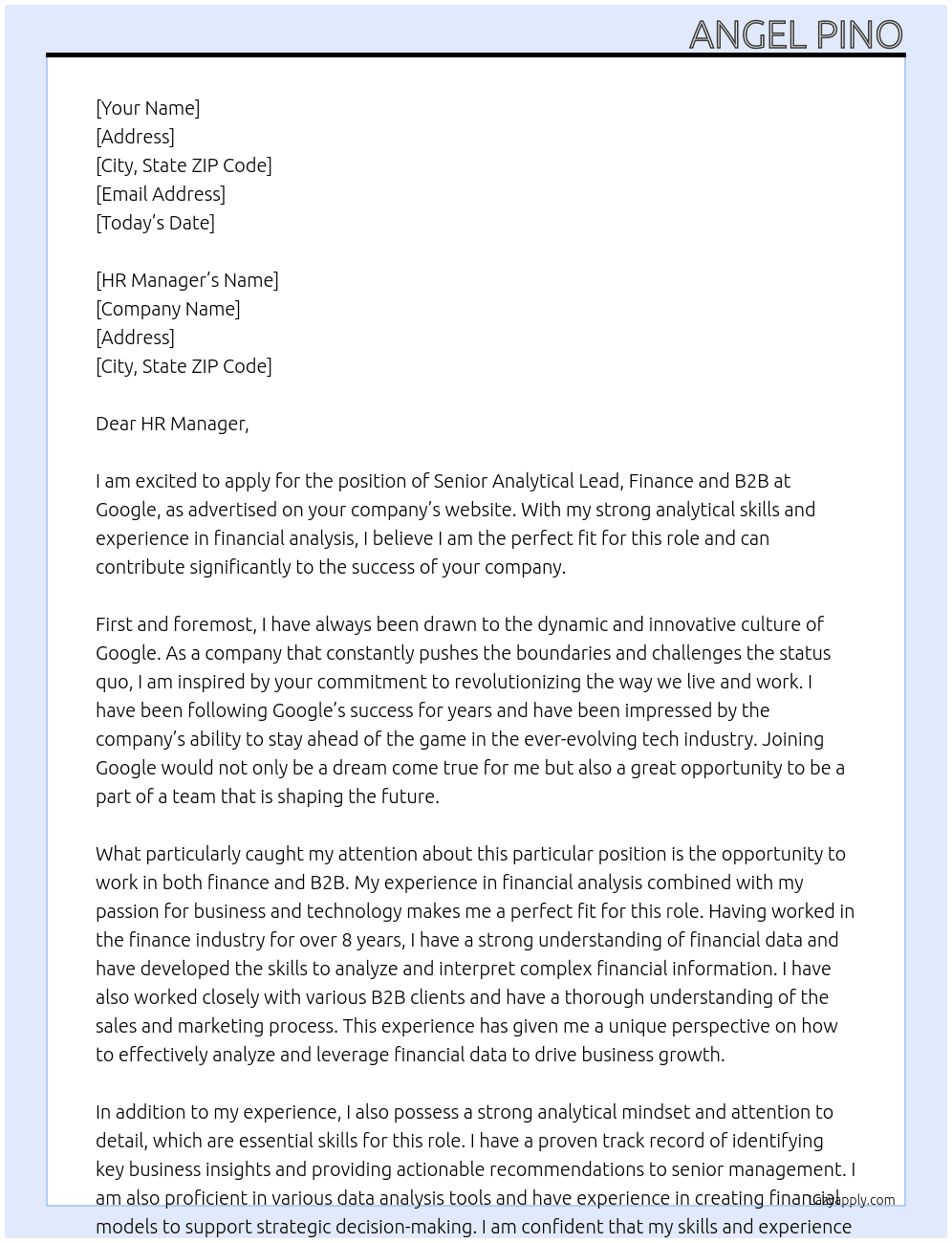 Cover letter for senior analytical lead, finance and b2b - LazyApply