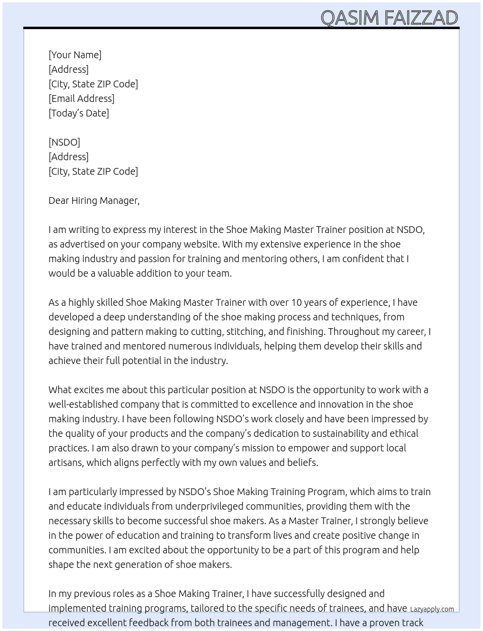 Cover letter for shoe making master trainer - LazyApply
